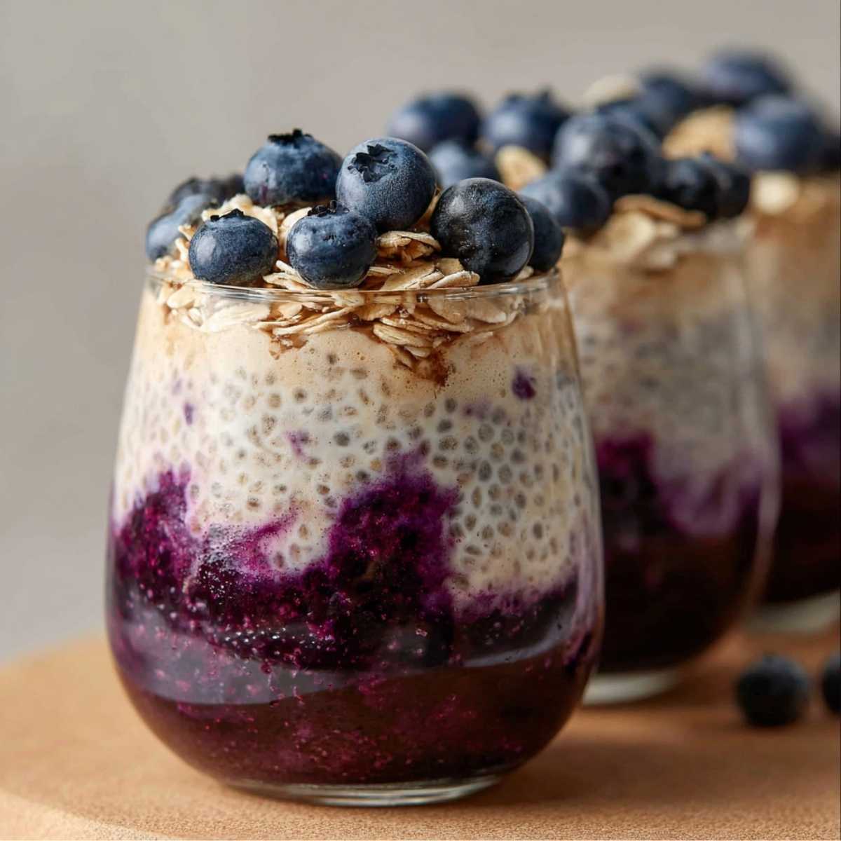 Blueberry overnight oats in glass jar with Greek yogurt, chia seeds, rolled oats and fresh blueberries layered on top