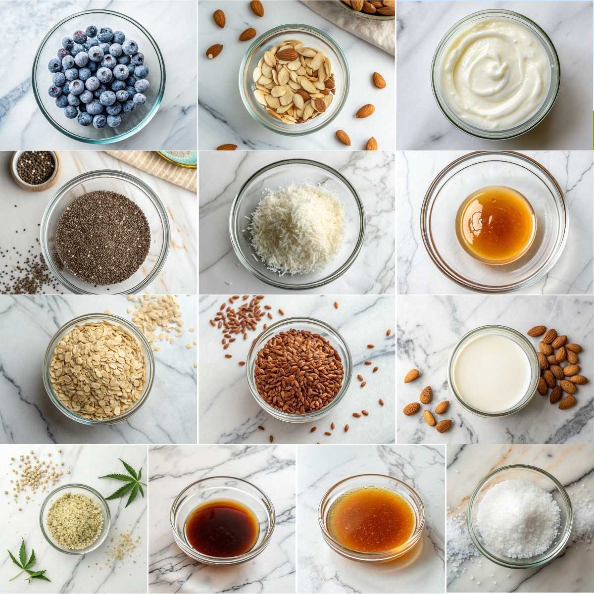 Easy Blueberry Overnight Oats 10 Ingredients for blueberry overnight oats including rolled oats almond milk Greek yogurt chia seeds and fresh blueberries simple