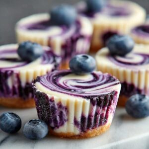 Easy Blueberry Swirl Yogurt Bites 15 Blueberry swirl yogurt bites on a marble surface, showing creamy frozen yogurt with deep purple blueberry swirls and fresh blueberries