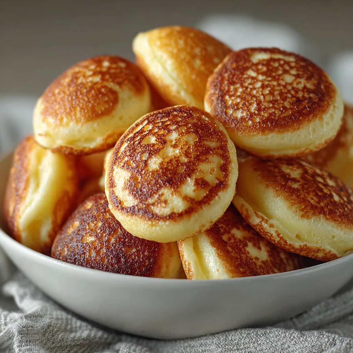 Breakfast pancake poppers in a white bowl, showcasing golden-brown crust and fluffy interiors, perfect for freezer-friendly meal prep.
