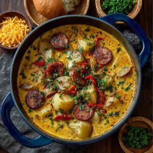 Easy Cajun Potato Soup 11 Cajun potato soup in a Dutch oven with andouille sausage, tender potatoes, creamy broth, red peppers, and fresh herb garnish.