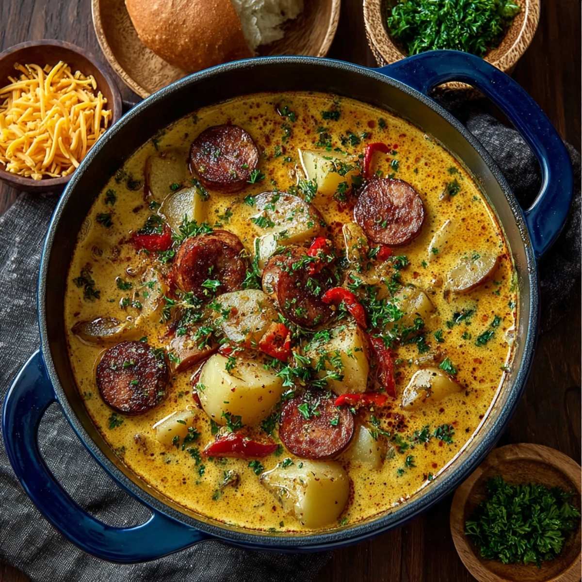 Cajun potato soup in a Dutch oven with andouille sausage, tender potatoes, creamy broth, red peppers, and fresh herb garnish.