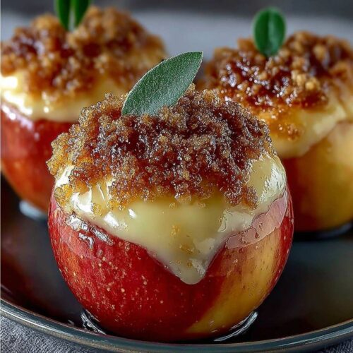 Easy Cheesecake Stuffed Apples 25 Three baked Cheesecake Stuffed Apples with a creamy filling and crunchy brown sugar topping on a dark plate.