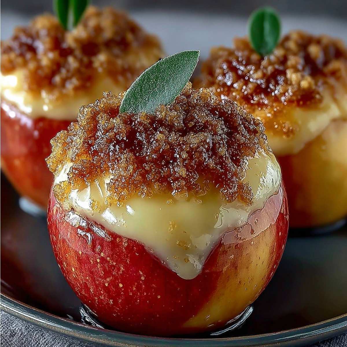Three baked Cheesecake Stuffed Apples with a creamy filling and crunchy brown sugar topping on a dark plate.