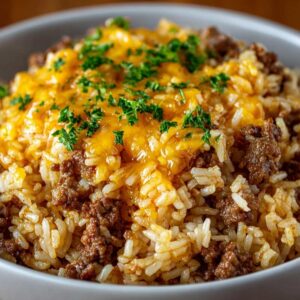 Cheesy Ground Beef and Rice Casserole 21 Cheesy ground beef and rice casserole in a white baking dish with fluffy rice, savory beef, melted cheddar cheese, and parsley garnish.