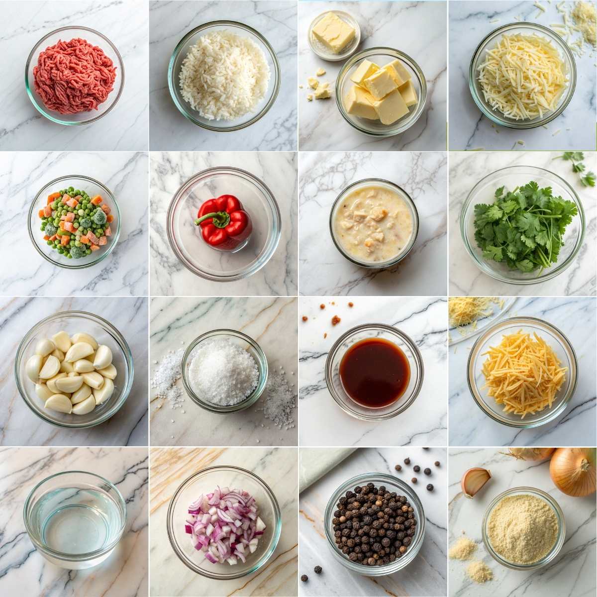 Cheesy Ground Beef and Rice Casserole 10 Ingredients for cheesy ground beef and rice casserole with beef, rice, soups, broth, garlic, butter and cheddar cheese bake