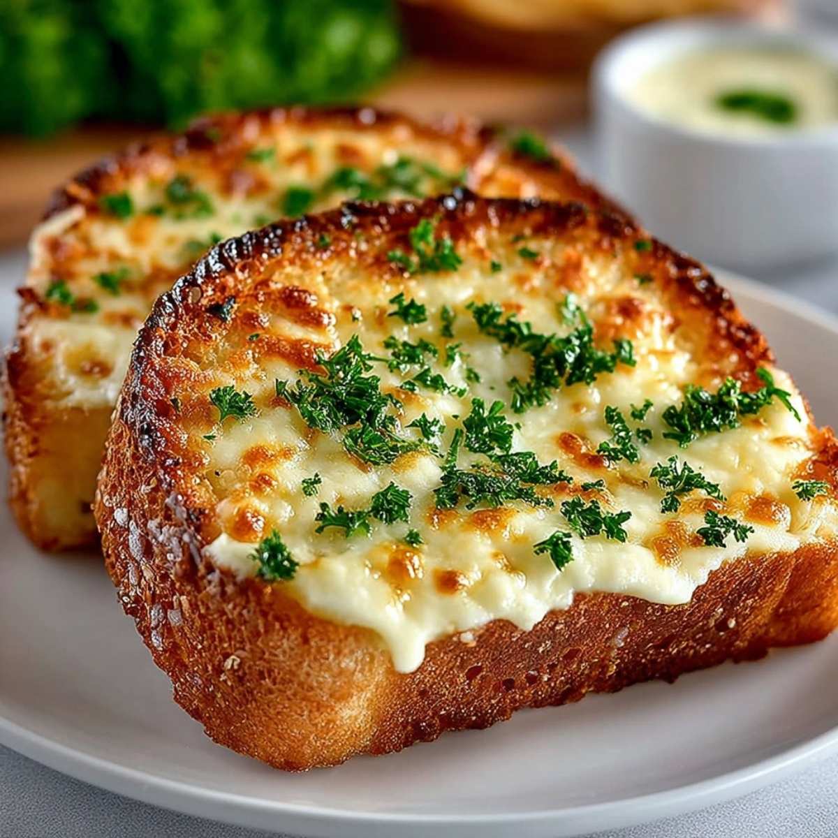 Cheesy Texas Toast with golden melted cheese and crisp edges, topped with fresh parsley on a white plate, steakhouse-style.