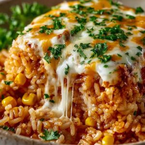Easy Chicken Enchilada Rice Casserole 10 Chicken enchilada rice casserole with melted cheese, saucy rice, corn kernels, and fresh cilantro in a baking dish.
