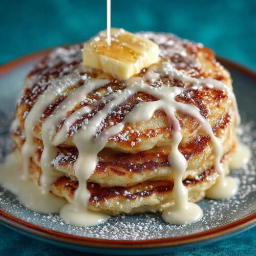 Easy Cinnamon Roll Pancakes 16 Cinnamon roll pancakes stacked on a plate with cinnamon swirls, cream cheese glaze drizzle, powdered sugar, and melted butter on top.