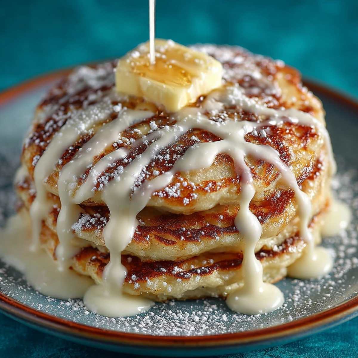 Easy Cinnamon Roll Pancakes 9 Cinnamon roll pancakes stacked on a plate with cinnamon swirls, cream cheese glaze drizzle, powdered sugar, and melted butter on top.