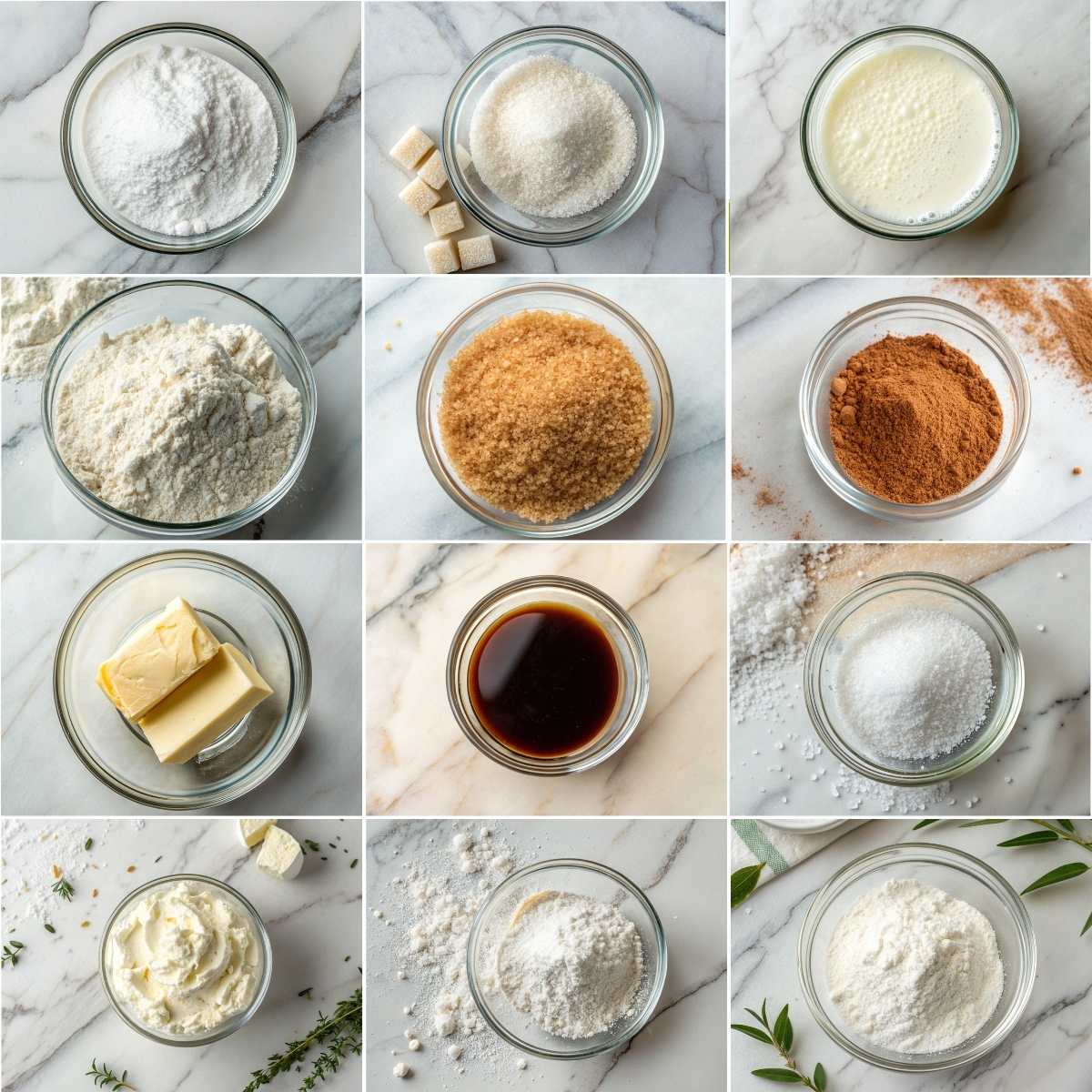 Easy Cinnamon Roll Pancakes 10 Ingredients for cinnamon roll pancakes including flour, sugar, buttermilk, eggs, butter, cinnamon, vanilla, and cream cheese.