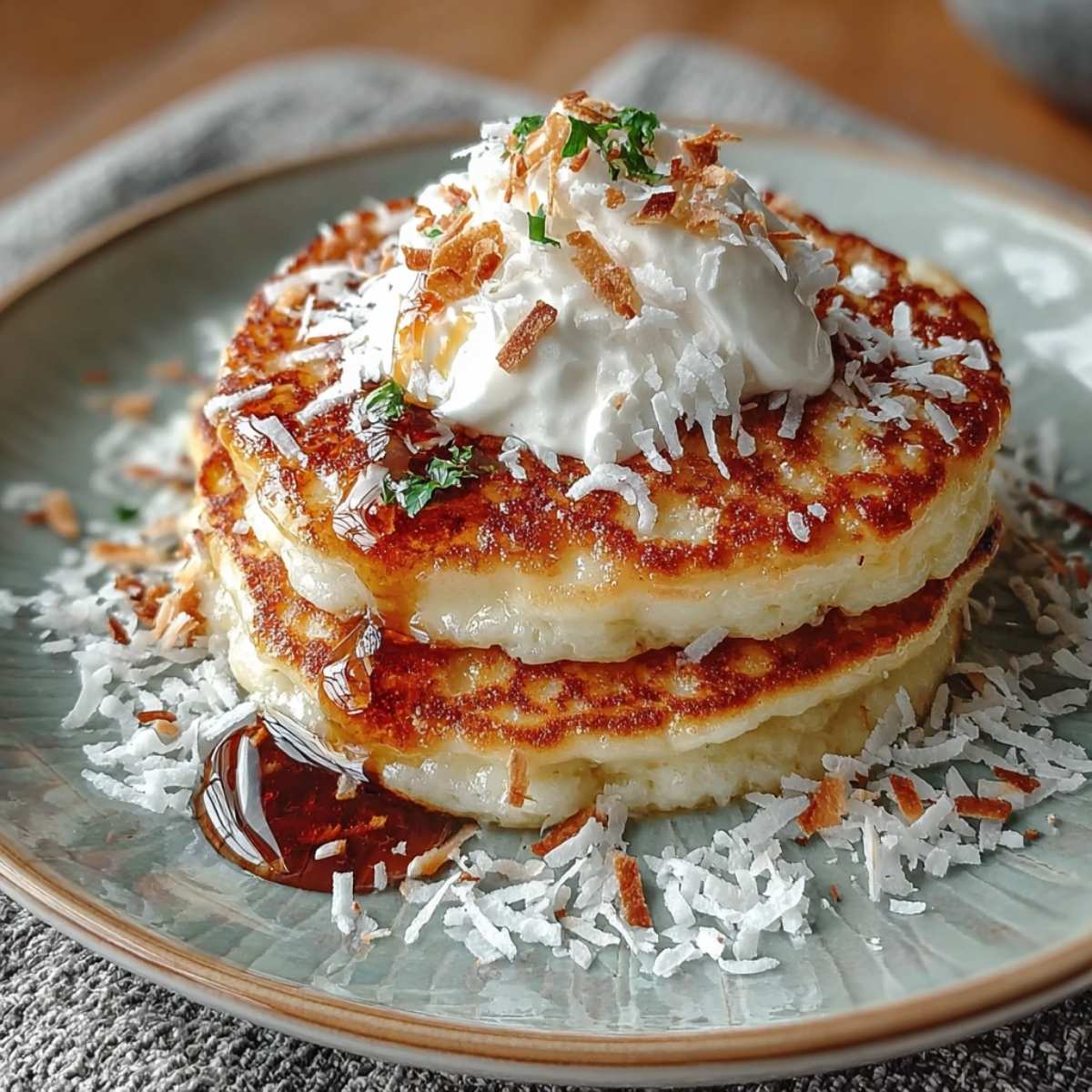 Coconut cream pancakes stacked on a ceramic plate, showing fluffy interiors, golden crust, coconut whipped cream, and toasted coconut.