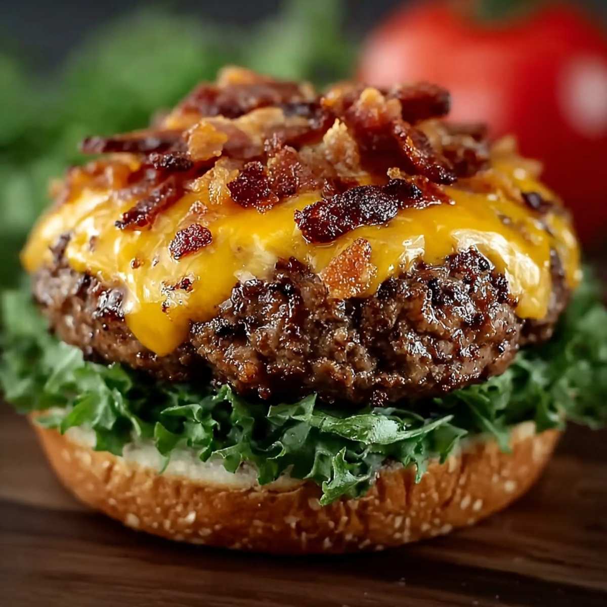 Crack Burgers with melted cheddar and crispy bacon on a toasted brioche bun, showing a juicy beef patty and fresh lettuce.