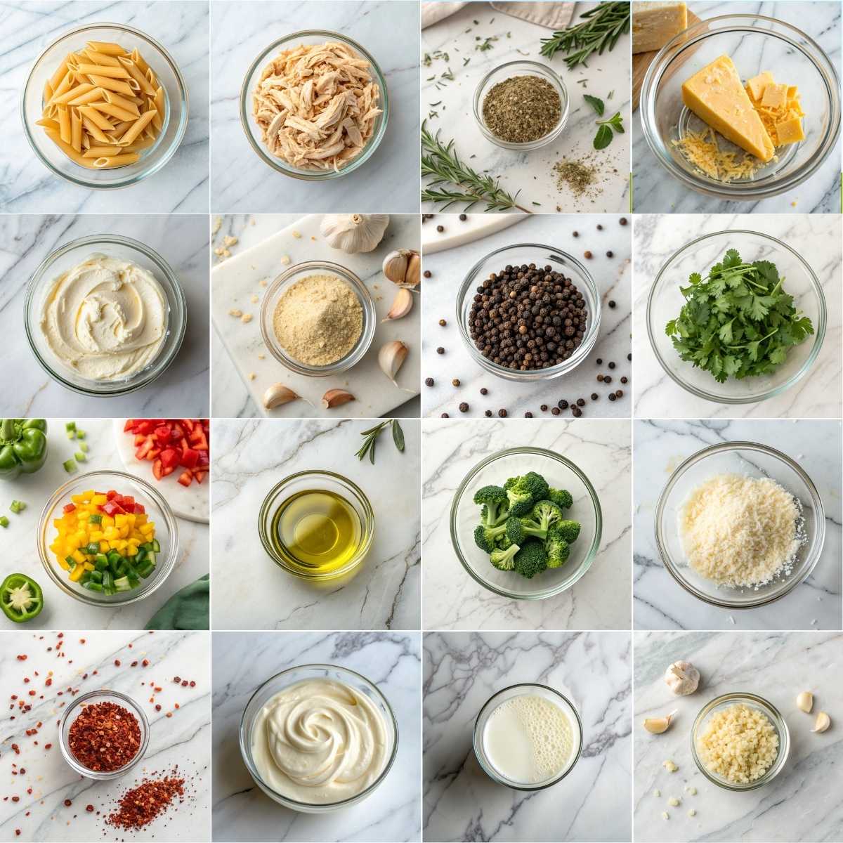 Creamy Rotisserie Chicken Broccoli Pasta 10 Ingredients for creamy rotisserie chicken broccoli pasta with penne, fresh broccoli, Parmesan cheese, cream and garlic oils