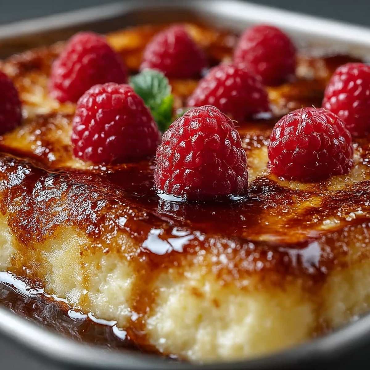 Crème brûlée French toast casserole with caramelized sugar topping and fresh raspberries, showing custardy texture in a baking dish.