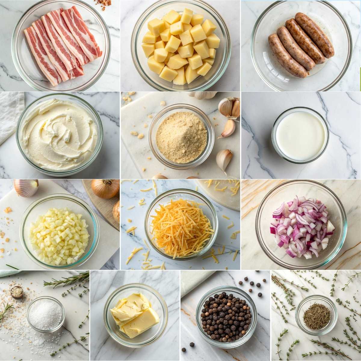 Easy Bacon and Sausage-Stuffed Potato Loaf 10 Ingredients for easy bacon and sausage stuffed potato loaf with russet potatoes, bacon, sausage, cheddar cheese and herbs