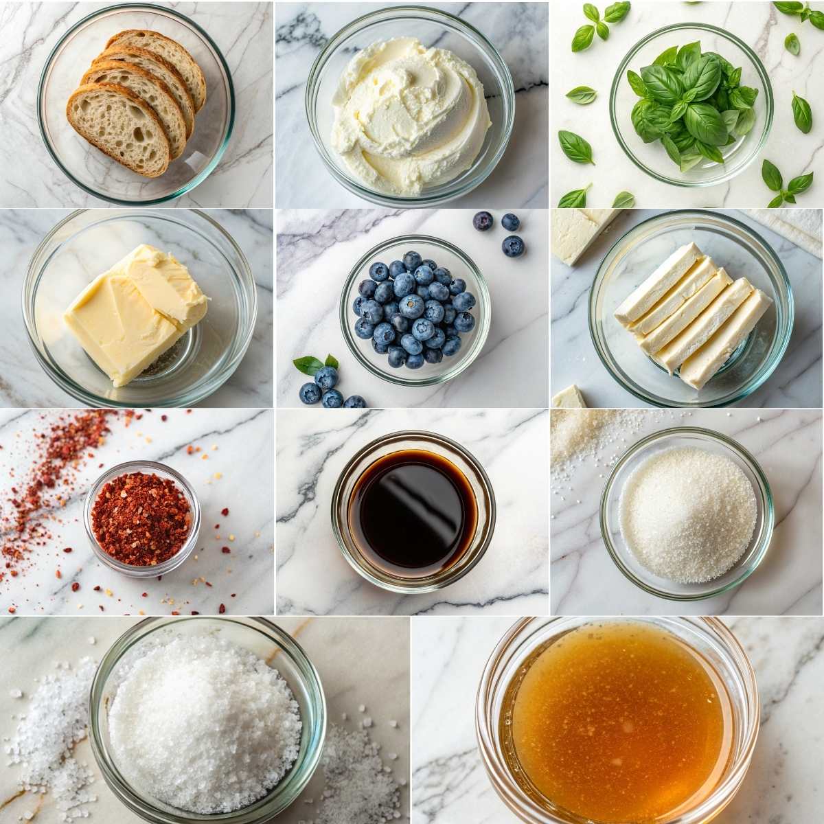 Easy Blueberry Grilled Cheese 10 Ingredients for easy blueberry grilled cheese with sourdough bread, brie cheese, blueberries, basil, butter and honey