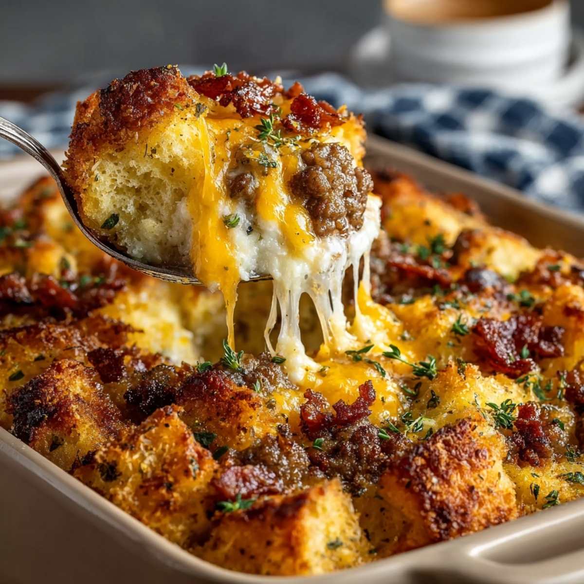Easy breakfast casserole with crispy hash brown topping, melted cheddar cheese, and sausage, baked golden in a ceramic dish.