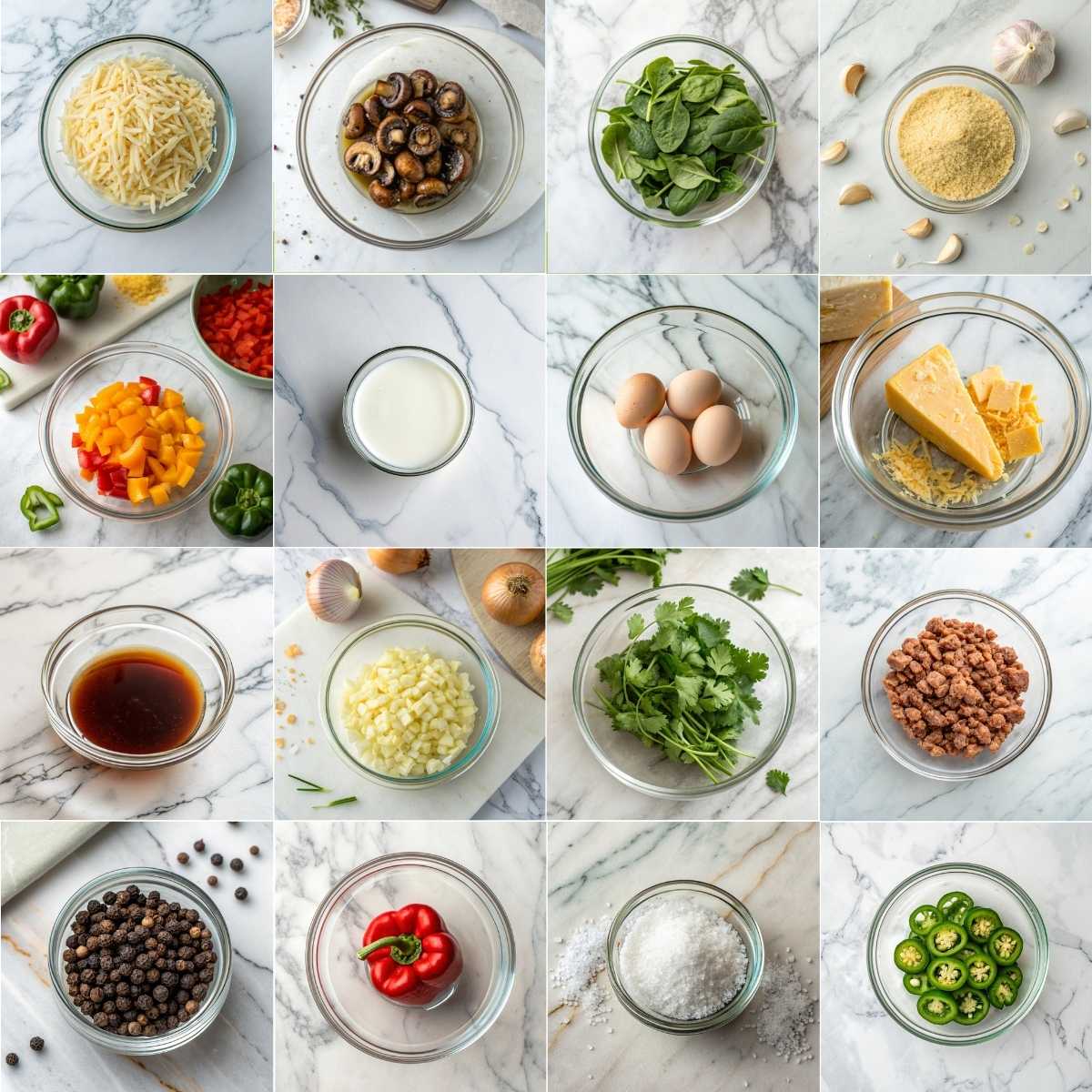 Easy Breakfast Casserole 10 Ingredients for easy breakfast casserole with hash browns, sausage, eggs, milk, cheddar cheese, peppers and onions