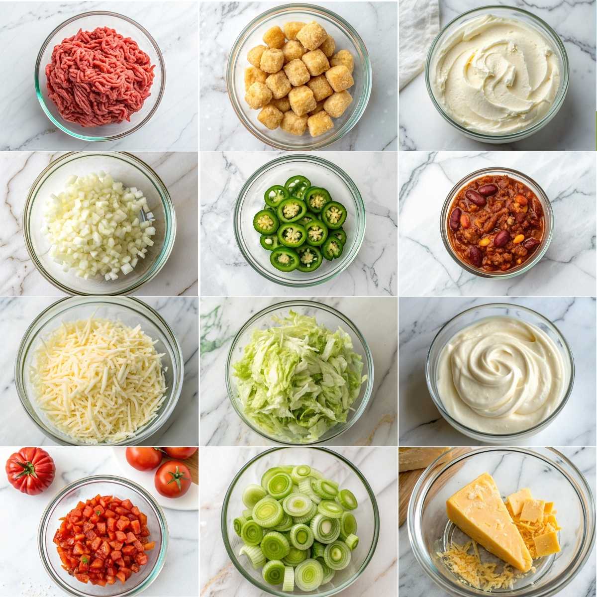 Easy Chili Cheese Tater Tot Casserole 10 Ingredients for easy chili cheese tater tot casserole with ground beef, cheddar, mozzarella, chili, tater tots ingredients