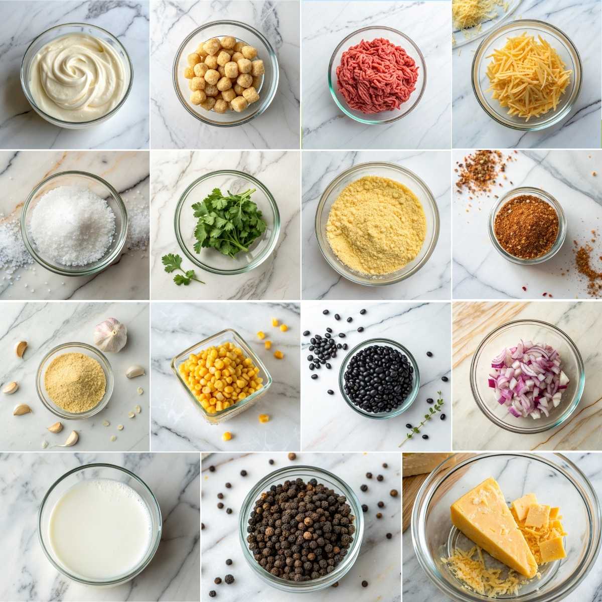 Easy Cowboy Casserole 10 Ingredients for easy cowboy casserole with ground beef, tater tots, beans, corn, cheddar cheese, sour cream and seasoning