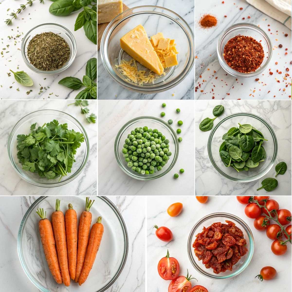 Easy Cream Cheese Chicken 11 Optional ingredients for cream cheese chicken including dried basil, red pepper flakes, Parmesan cheese, spinach, peas, and fresh herbs.