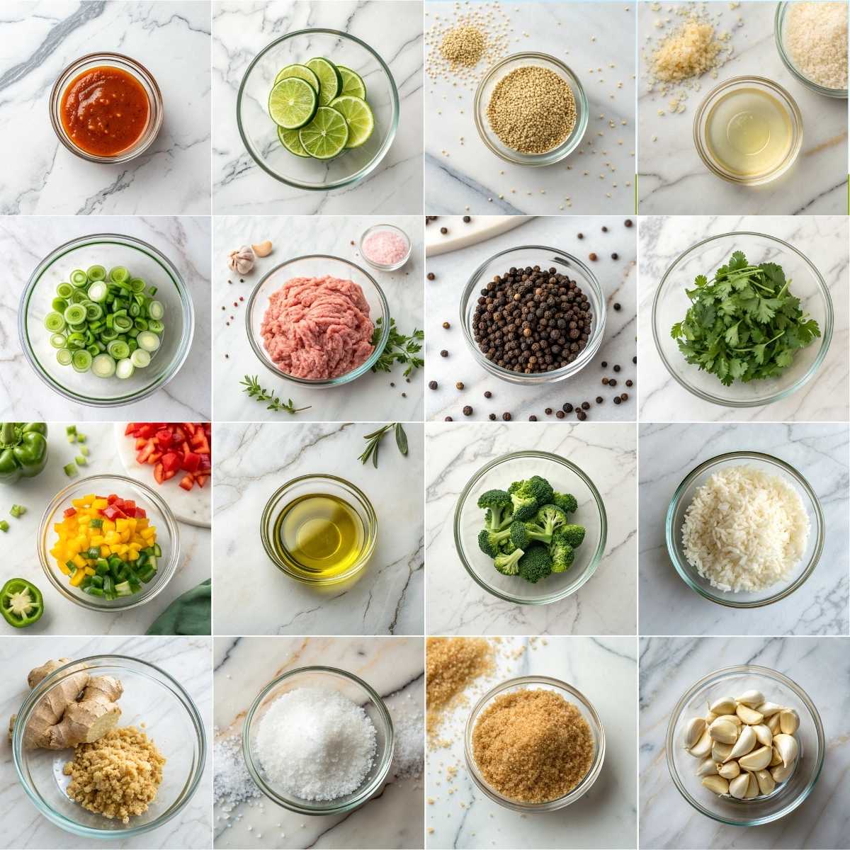 Easy Firecracker Ground Chicken 10 Ingredients for firecracker ground chicken with broccoli, garlic, buffalo sauce, soy sauce, brown sugar and lime wedges raw