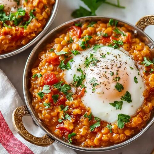 Easy Lentils with Poached Eggs 10 Lentils with poached eggs in a rustic skillet, featuring creamy red lentils in tomato sauce topped with a soft egg and fresh herbs.
