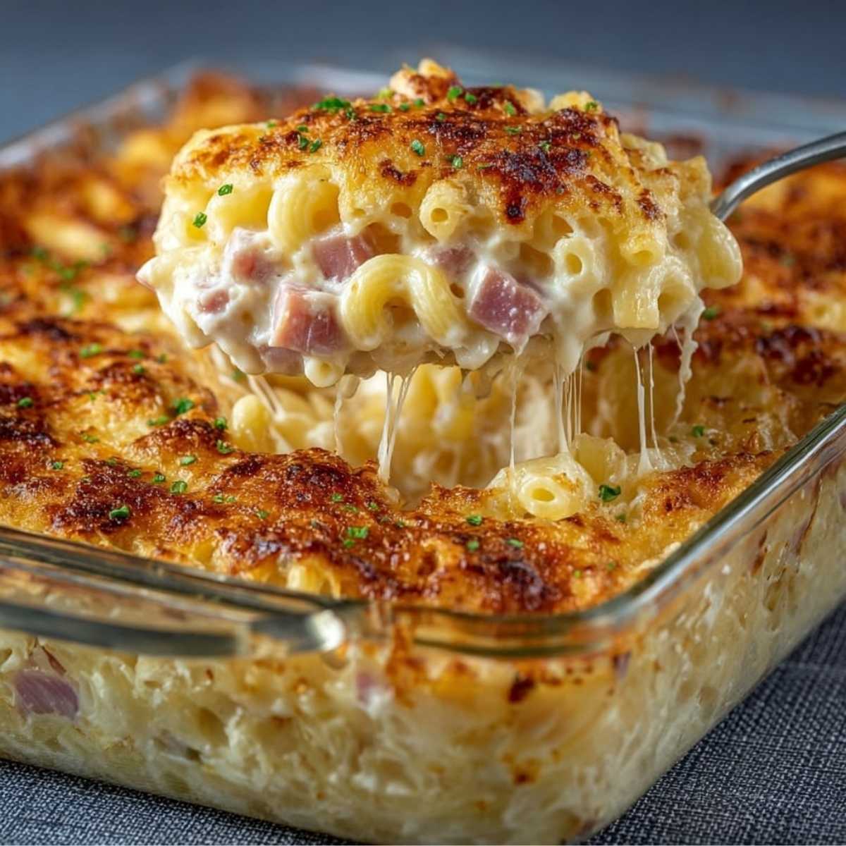 Easy Ham and Cheese Casserole 9 Easy ham and cheese casserole with creamy elbow macaroni, melted cheddar, and golden crispy topping baked in a glass dish.