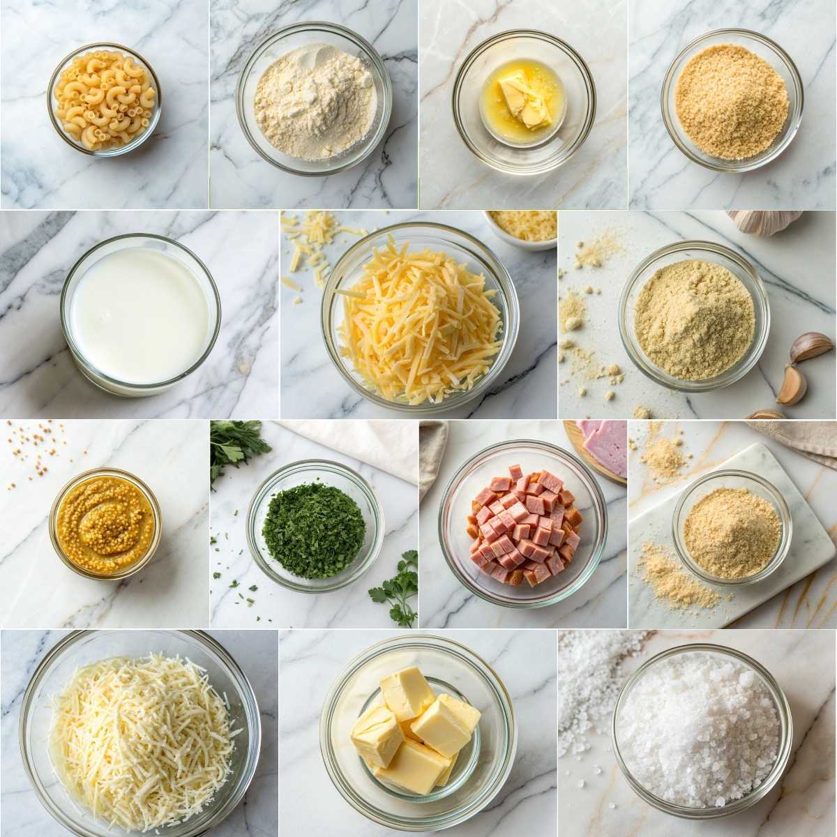 Easy Ham and Cheese Casserole 10 Ingredients for easy ham and cheese casserole with elbow macaroni, diced ham, cheddar, mozzarella, parmesan and creamy sauce