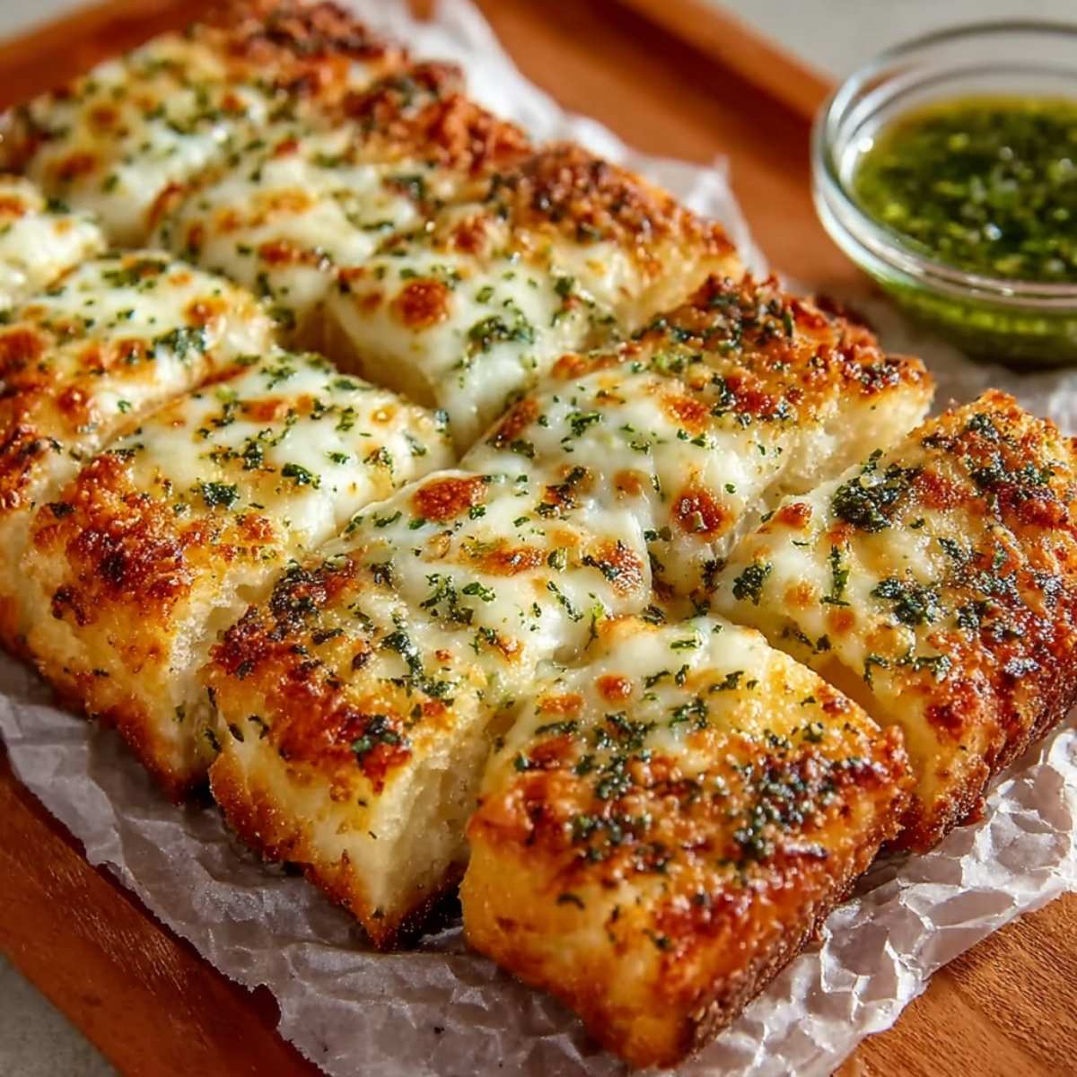 Easy homemade cheesy breadsticks with golden mozzarella topping, garlic butter crust, and herbs, sliced and served on parchment.