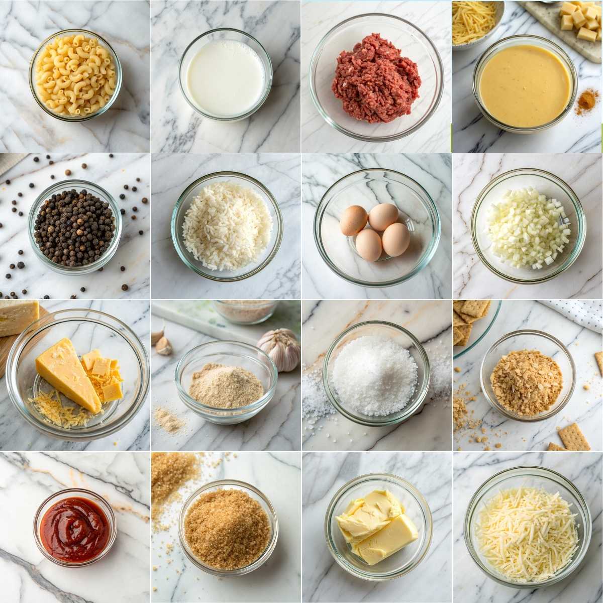 Easy Mac and Cheese Meatloaf Casserole 10 Ingredients for easy mac and cheese meatloaf casserole with ground beef, macaroni, cheddar cheese, milk, eggs, onion& butte