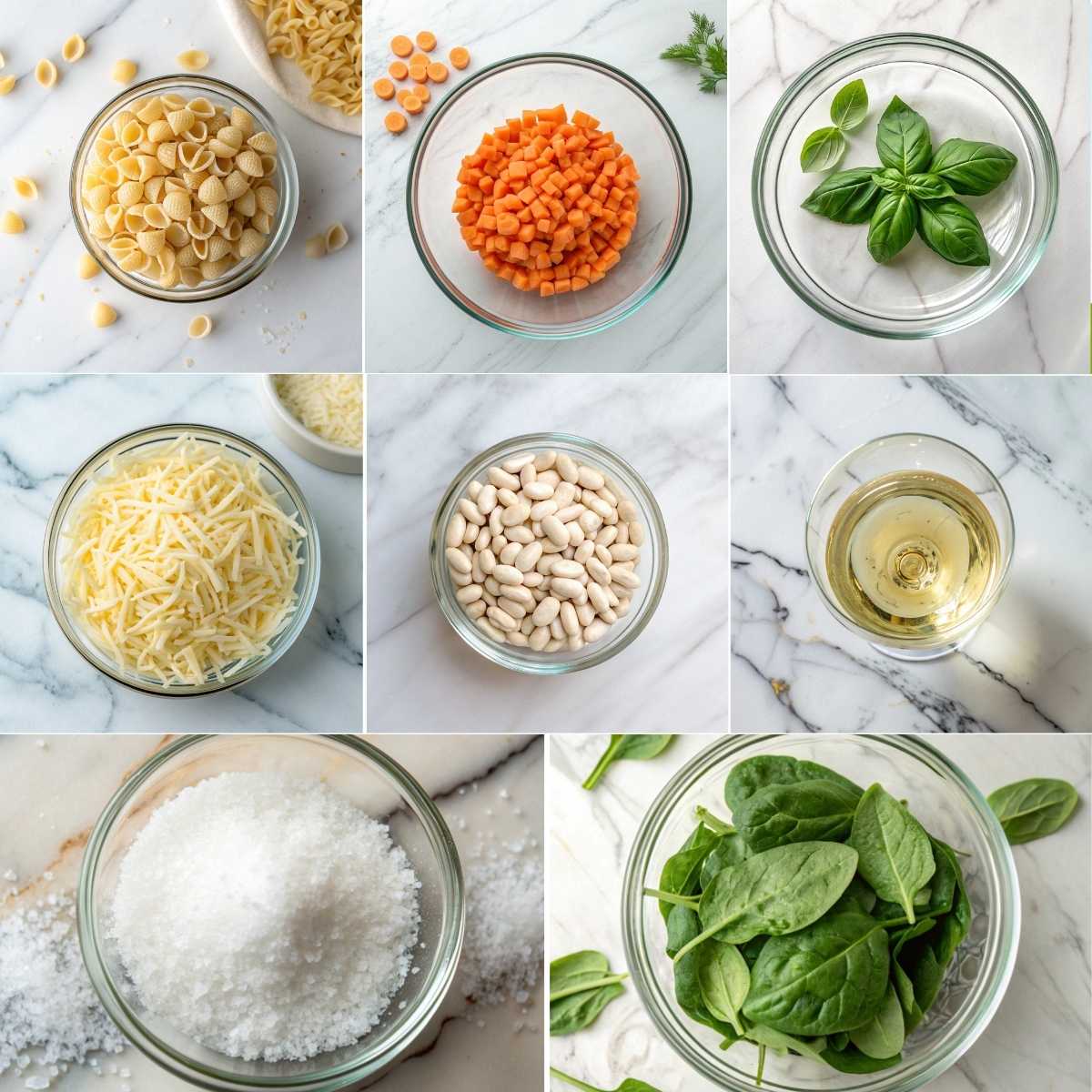 Easy Marry Me Chicken Soup 11 Add-in ingredients for Marry Me Chicken Soup including pasta shells, fresh spinach, basil, white beans, carrots, and Parmesan cheese.