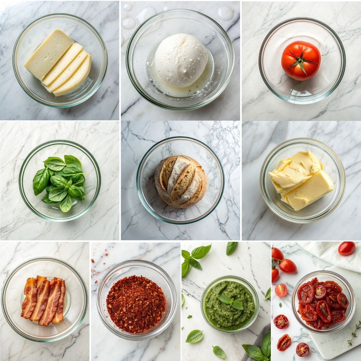 Easy Pesto Grilled Cheese 10 Ingredients for pesto grilled cheese including sourdough bread, basil pesto, mozzarella cheese, butter, tomatoes, and it