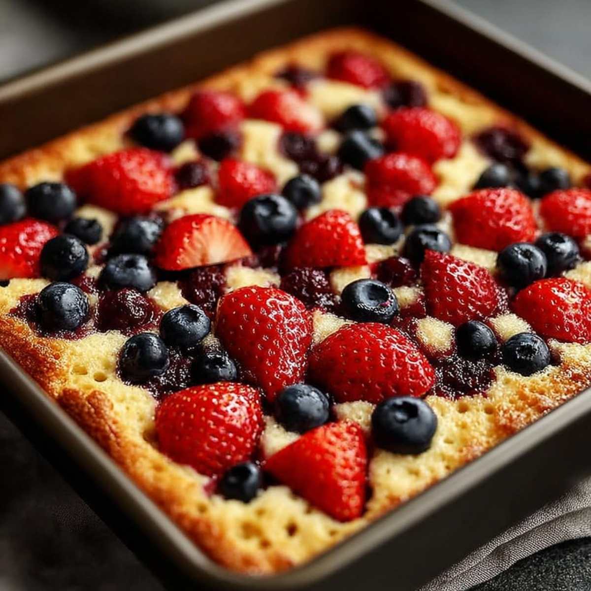 Easy sheet pan pancakes baked in a rimmed pan, showcasing golden fluffy texture topped with strawberries and blueberries for a crowd-friendly breakfast.
