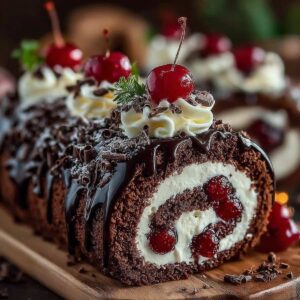 Easy Elegant Black Forest Cake Roll 13 Elegant Black Forest Cake Roll on a wooden board, featuring a dark chocolate spiral with whipped cream and cherries.