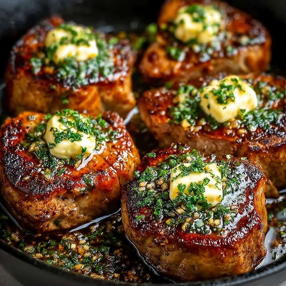 Garlic butter pan seared pork chops in a cast-iron skillet, showcasing a golden crust, melted butter, garlic, and fresh parsley.