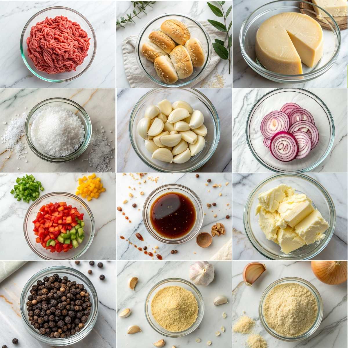 Ground Beef Philly Cheesesteaks 10 Ingredients for ground beef Philly cheesesteaks with sliced beef, peppers, onions, provolone cheese and hoagie rolls photo