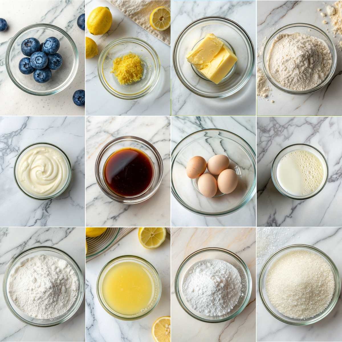 Easy Lemon Blueberry Loaf 10 Ingredients for Lemon Blueberry Loaf including fresh blueberries, lemon zest, butter, eggs, flour, sugar, milk, and Greek yogurt.