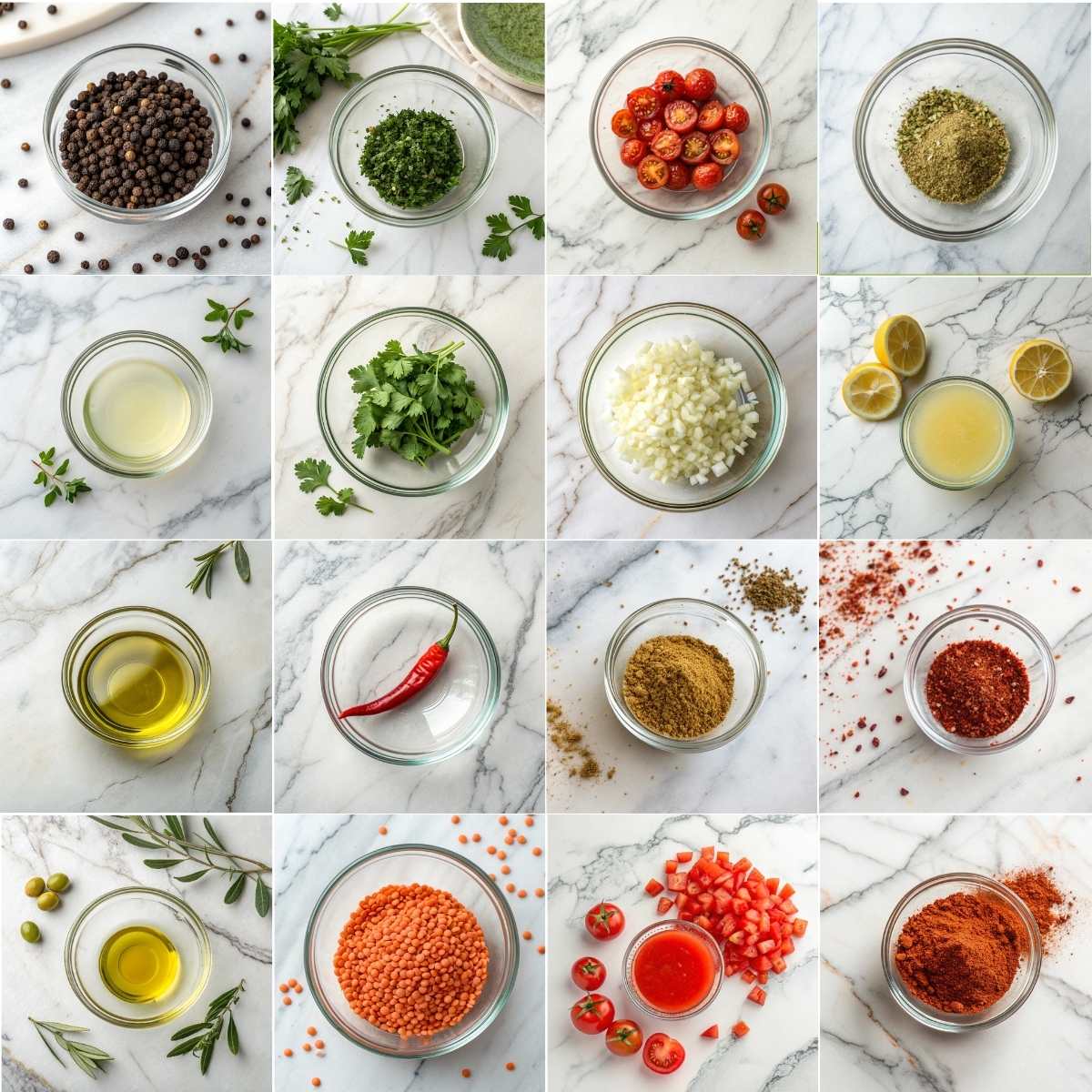 Easy Lentils with Poached Eggs 10 Ingredients for lentils with poached eggs including red lentils, cherry tomatoes, onion, garlic, spices, olive oil, lemon juice, and herbs.