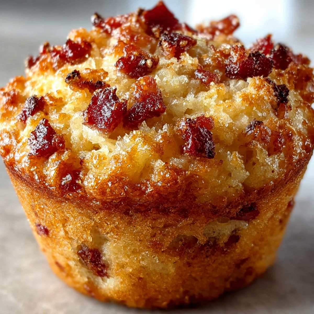 Maple bacon pancake muffin with a golden fluffy crumb and crispy bacon pieces baked on top, photographed close-up on a neutral surface.