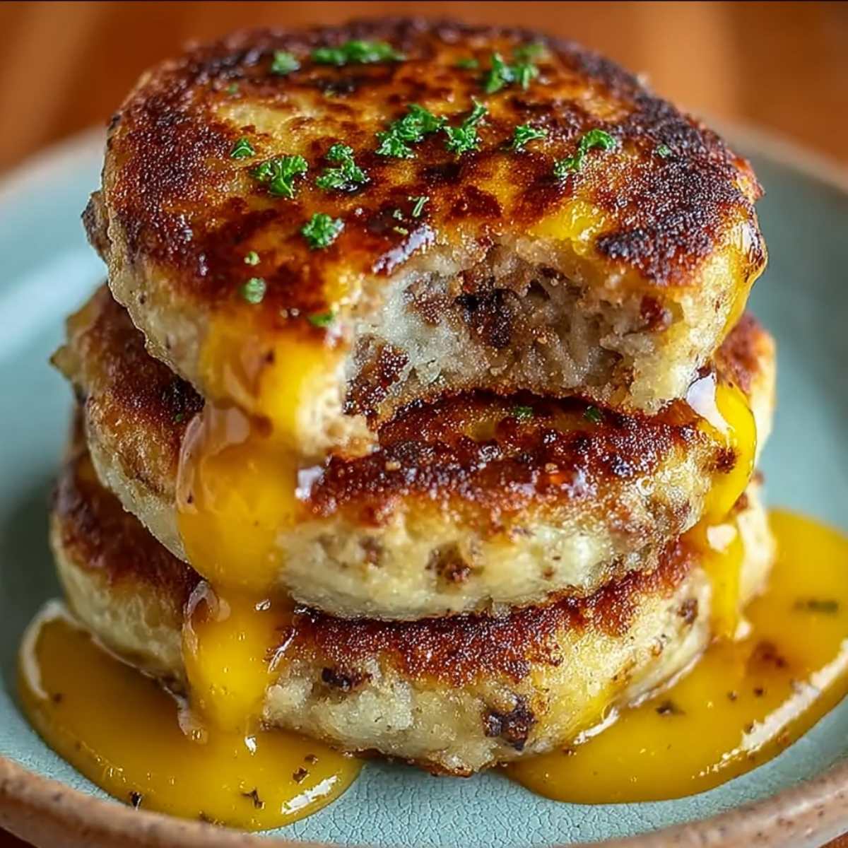 McGriddle Muffins stacked on a ceramic plate, showing golden pancake texture with sausage bits and maple syrup dripping down the sides.