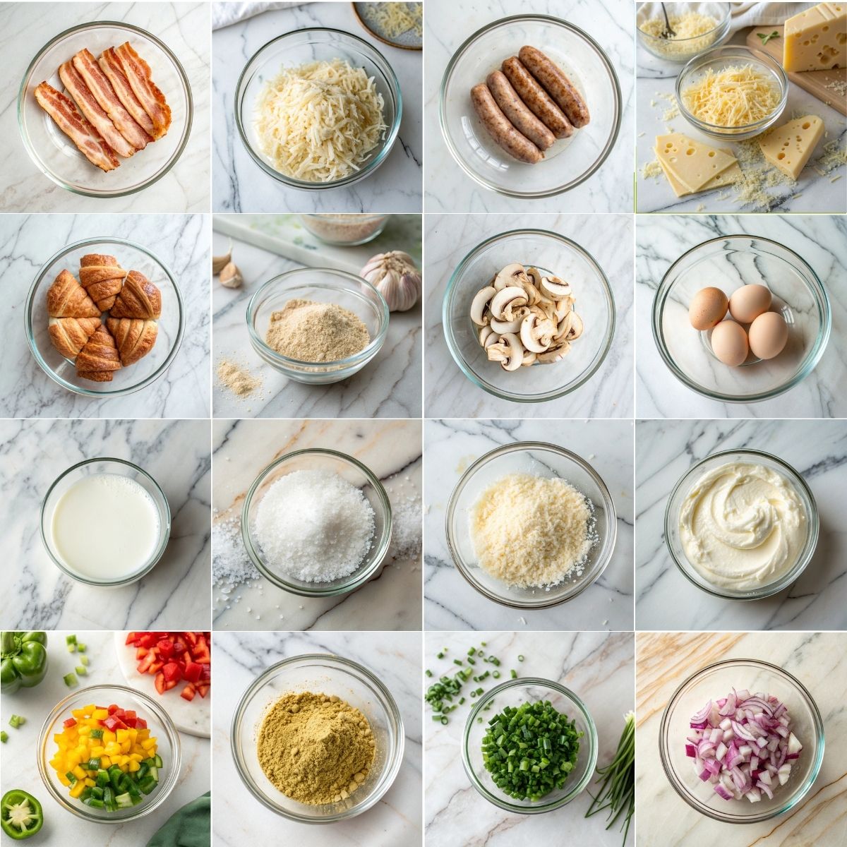 Easy Overnight Breakfast Casserole 10 Fresh ingredients for overnight breakfast casserole including croissants, eggs, sausage, bacon, hash browns, and shredded cheese