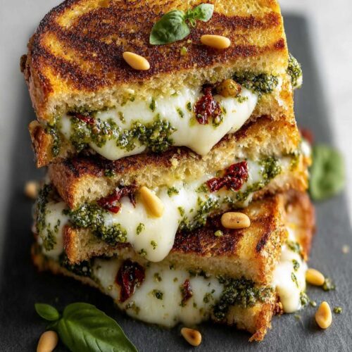 Easy Pesto Grilled Cheese 15 Pesto grilled cheese sandwich stacked on a slate surface, showing gooey mozzarella, basil pesto, sun-dried tomatoes, and golden sourdough.