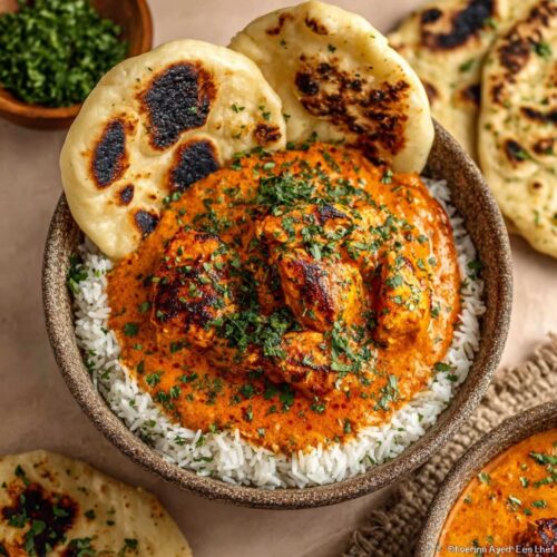 Easy Homemade Butter Chicken 19 Easy Homemade Butter Chicken served over basmati rice with creamy tomato sauce, grilled chicken pieces, and naan bread.