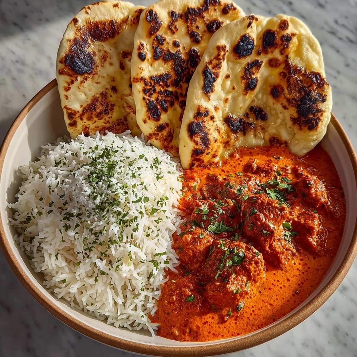 Easy Homemade Butter Chicken 12 Close-up of Easy Homemade Butter Chicken with creamy tomato curry, tender chicken pieces, basmati rice, and naan bread.