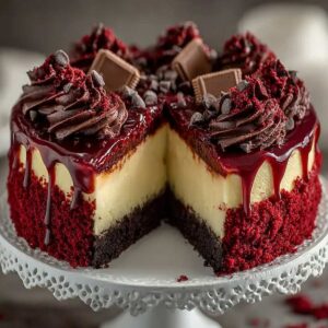 Easy Red Velvet Cheesecake Layer Cake 14 Red Velvet Cheesecake Layer Cake with a deep red ganache drip, chocolate chips, and a thick creamy cheesecake center.