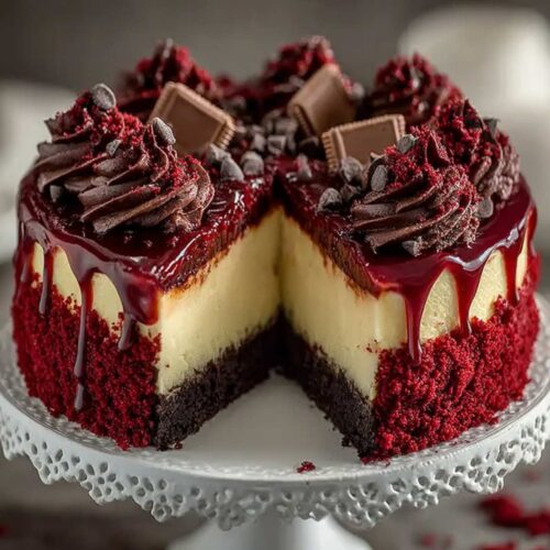 Easy Red Velvet Cheesecake Layer Cake 28 Red Velvet Cheesecake Layer Cake with a deep red ganache drip, chocolate chips, and a thick creamy cheesecake center.