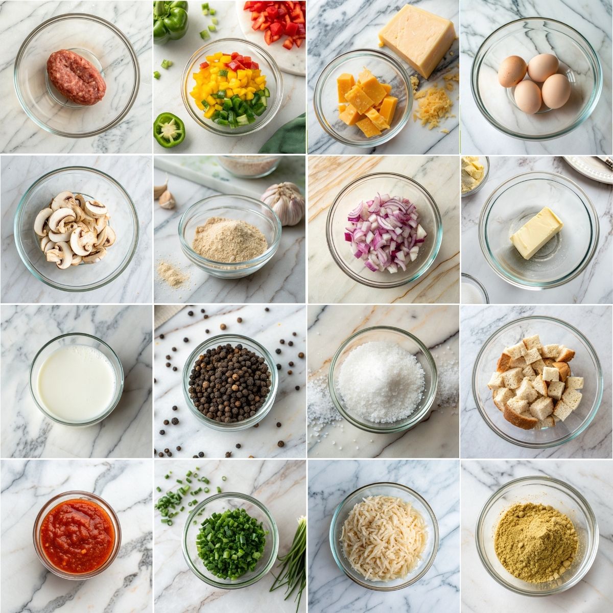 Easy Sausage and Egg Casserole 10 Ingredients for sausage and egg casserole including eggs, breakfast sausage, cheddar cheese, milk, bread cubes, and seasonings.