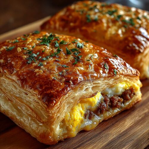 Savory breakfast pop tarts with flaky puff pastry, scrambled eggs, melted cheddar cheese, and sausage on a wooden board.